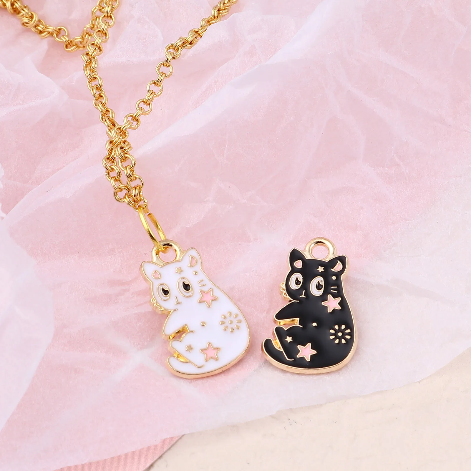 Cute Cartoon Charms Cat Animal Gold Color Metal Enamel Star Moon Pattern Pendants DIY Making Earrings Jewelry 20mm x 12mm,10PCs