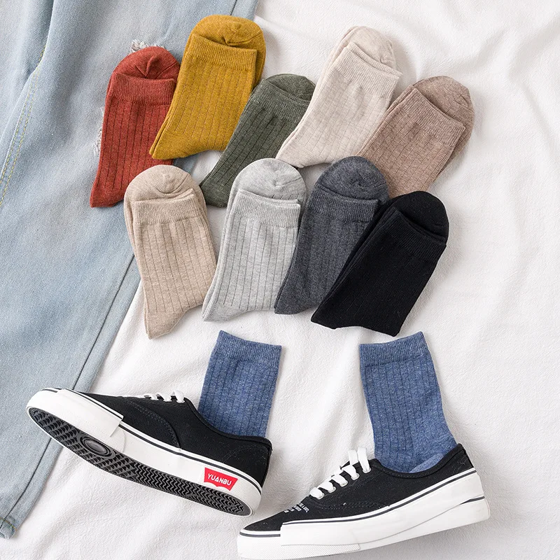 Women Solid Color Striped Cotton Middle Tube Socks Female Casual Fashion Japanese Style Student Couple Breathable Allmatch Socks