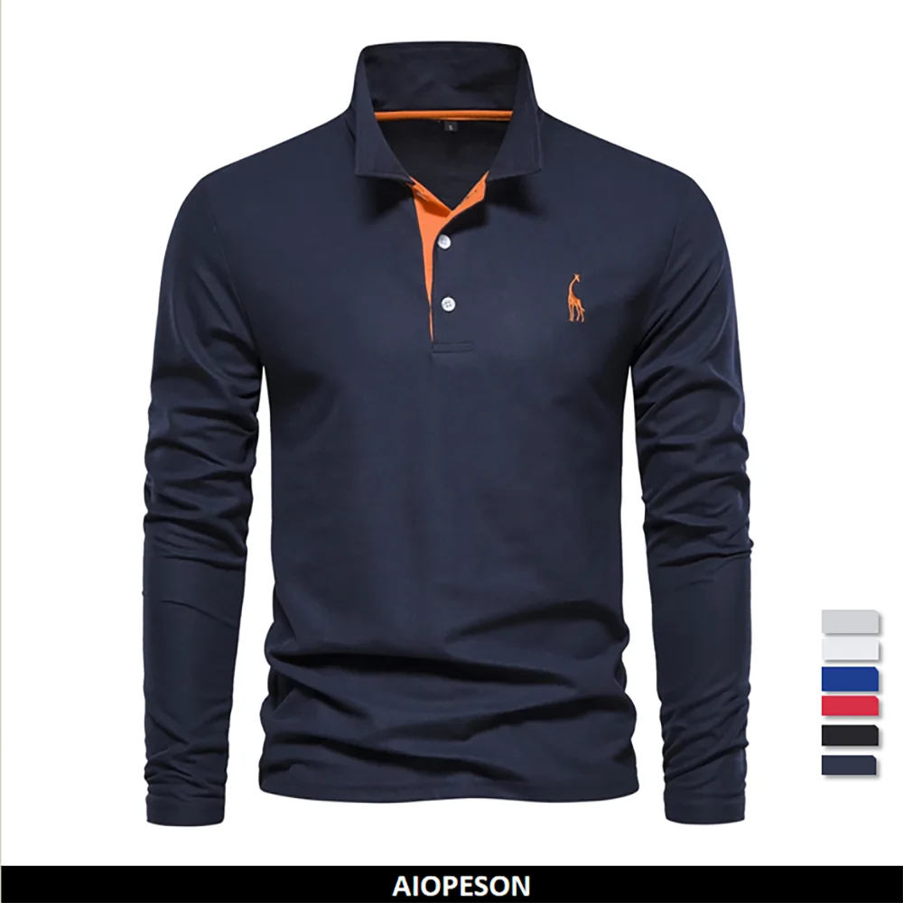 AIOPESON 2023 New Men\'s Deer Embroidery Polo Shirts Solid Color Long Sleeve Social Business Male