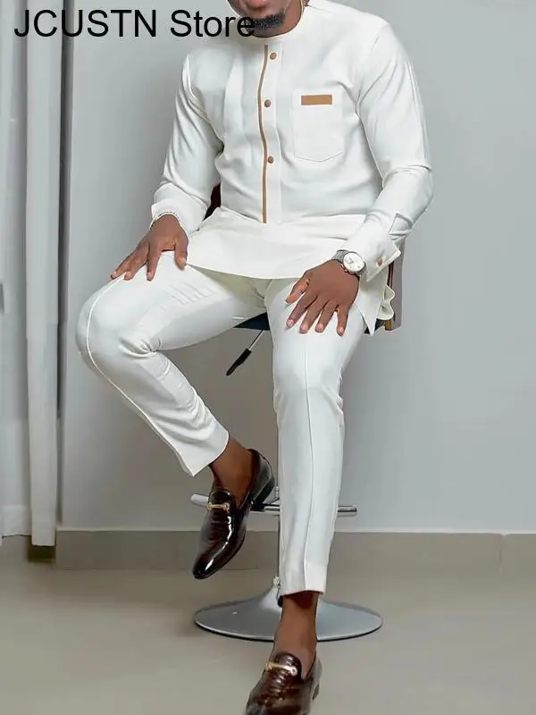 الرجال تيموس الزفاف بنطلون قميص قطعتين دعوى طويلة الأكمام حفلة العرقية الأفريقية نمط 2 قطعة عطلة حفلة فاخرة الرجال البدلة