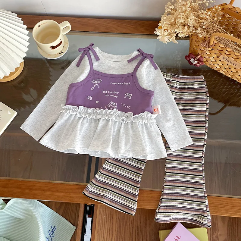 Spring Girls' Set Purple Lace Strap Tank Top O Neck Long Sleeve T-shirt+Elastic Slimming Bellbottom Pants 2Pieces Suit 2026 New