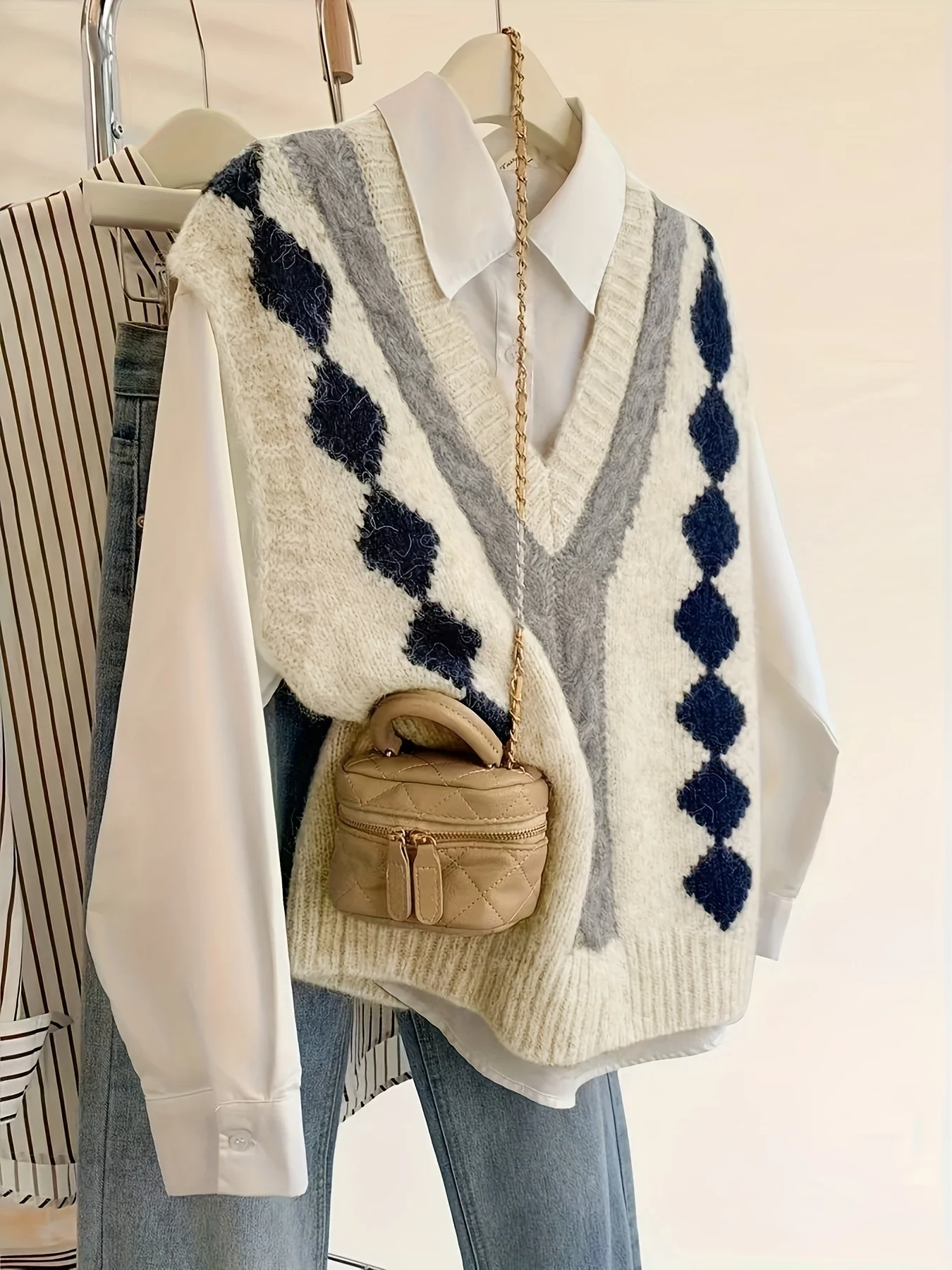 한국 스타일 대학풍 겹겹이 쌓인 깅엄 체크 V넥 니트 가디건 베스트 루즈핏 아우터웨어 민소매 스웨터 베스트