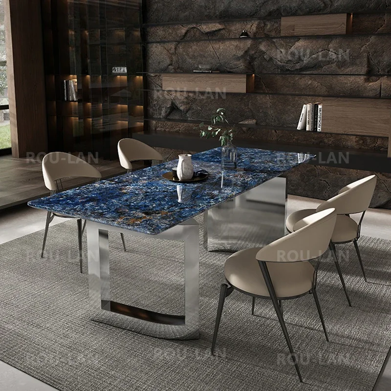 

Modern Simple Rock Slab Dining Table Light Luxury Rectangular Small Household High-End Villa Stainless Steel Dining Table