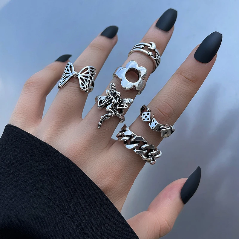 Vintage Punk Metal Multi Element Ring Set For Women Men Antique Silver Color Butterfly Snake Skull Finger Rings Gothic Jewelry