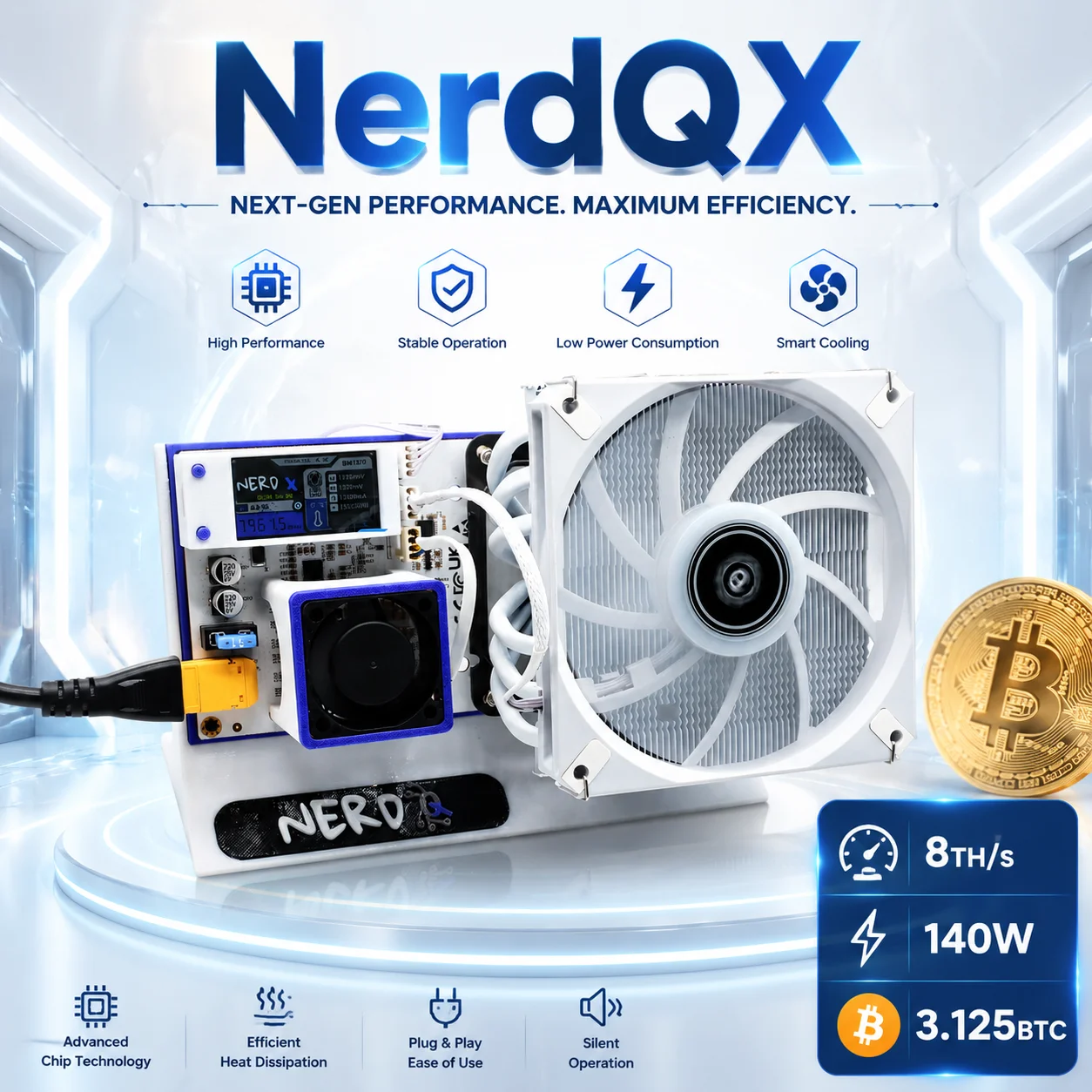 Bitcoin Miner NerdQaxe  8T White BM1370 Chip 140W Power Consumption Home Use Solo Miner with PSU for Cryptocurrency Mining