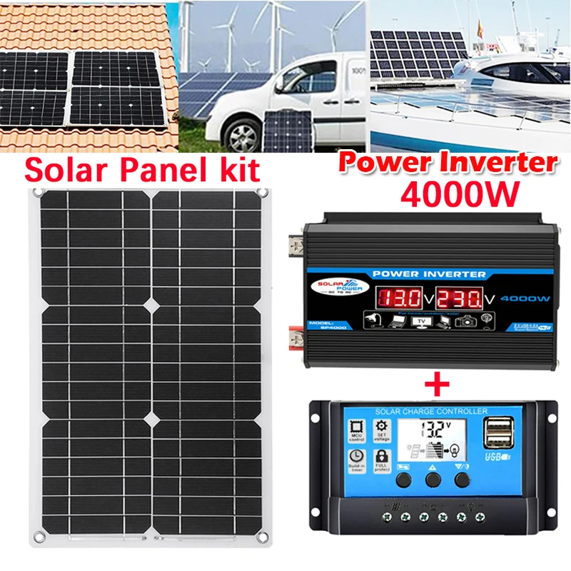 

Solar Power System Dual USB 18W Solar Panel + 4000W Power Inverter Complete Kit 12V to 110V/220V + 30A Solar Charge Controller