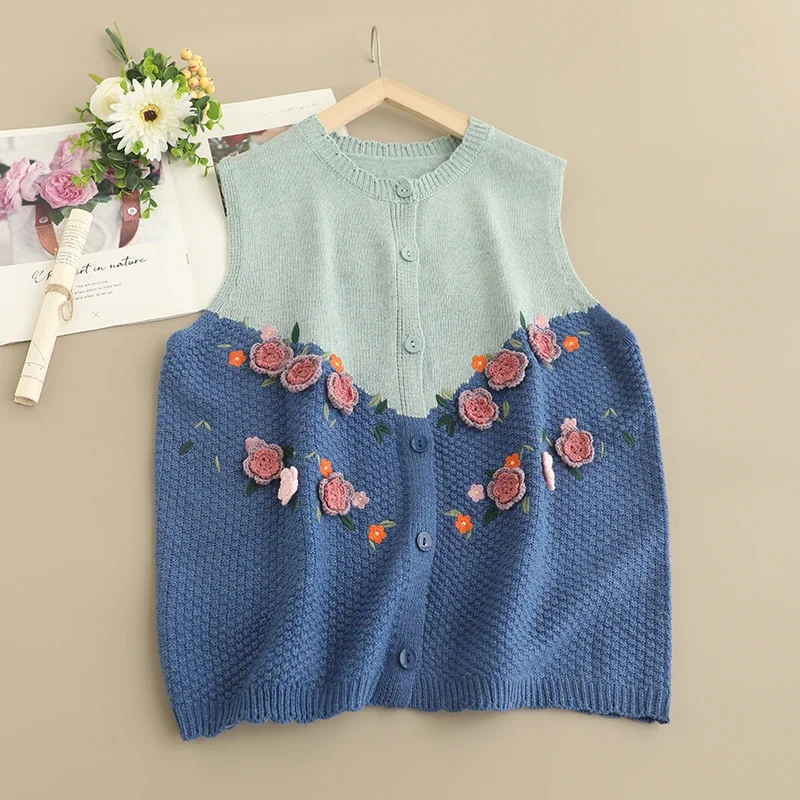 Spring Sweet Mori Girl Japan Style Flower Embroidered Knitted Sweater Vest Women Sleeveless Single Breasted Knitwear Tops