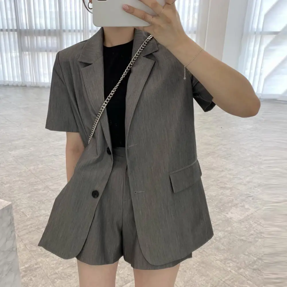 2 Pcs/Set Women Blazer Shorts Set Formal Short Sleeve Korean Office Lady Commute Suit Coat Shorts Business Trip Meeting Clothes