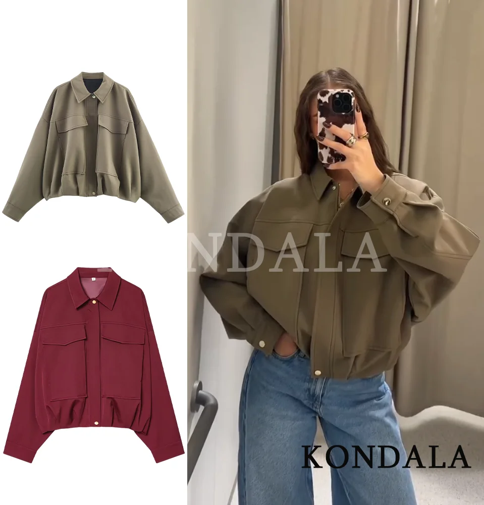 

KONDALA Big Flip Pockets Bomber Jacket Lapel Zipper Jacket Women Loose Jacket 2025 Spring Fall Fashion Casual Versatile Jackets