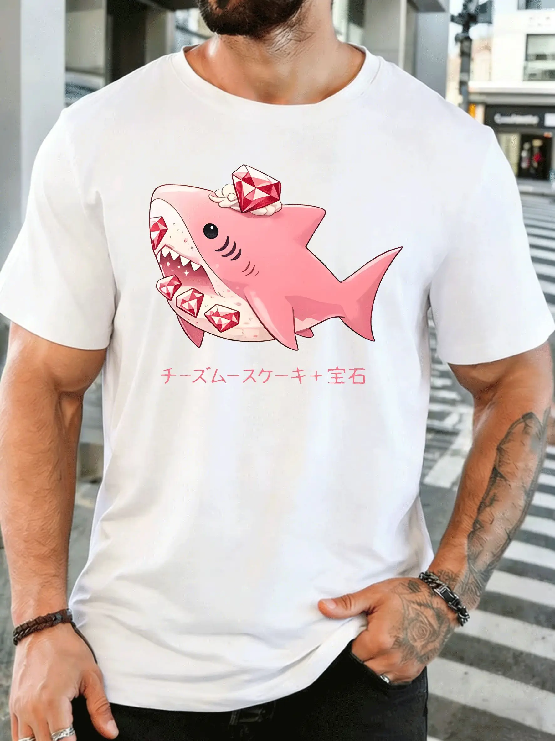 Cute Pink Shark With Red Gems Mens Front T Shirt Japanese Text Sea Animal Graphic Tee Casual Short Sleeve Top Shark Lover Gift