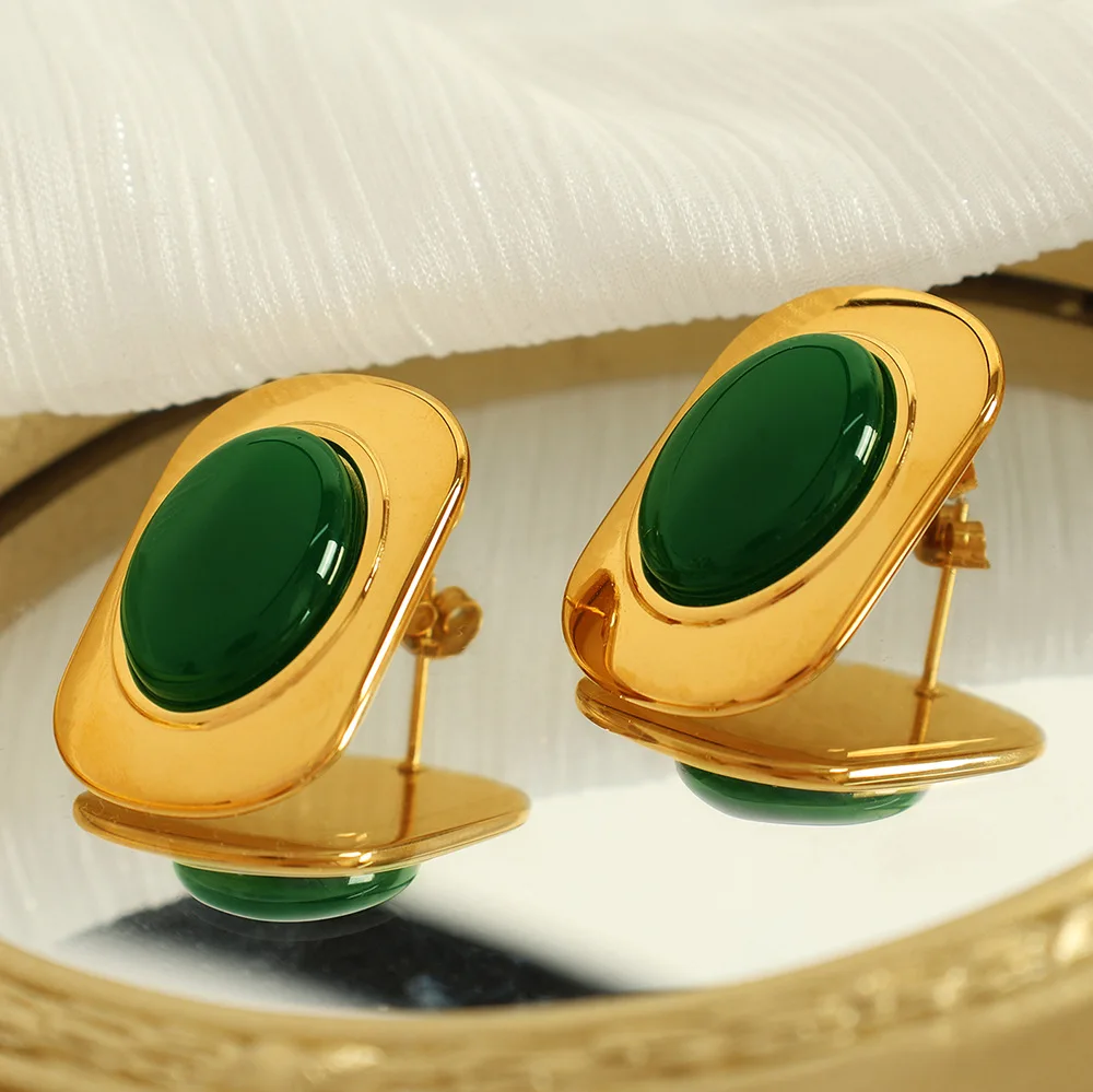 

Keen-on Popular Green Glass Metal Square Rectangle Golden Stud Earrings for Women Prevent Allergy New Recommend Jewelry