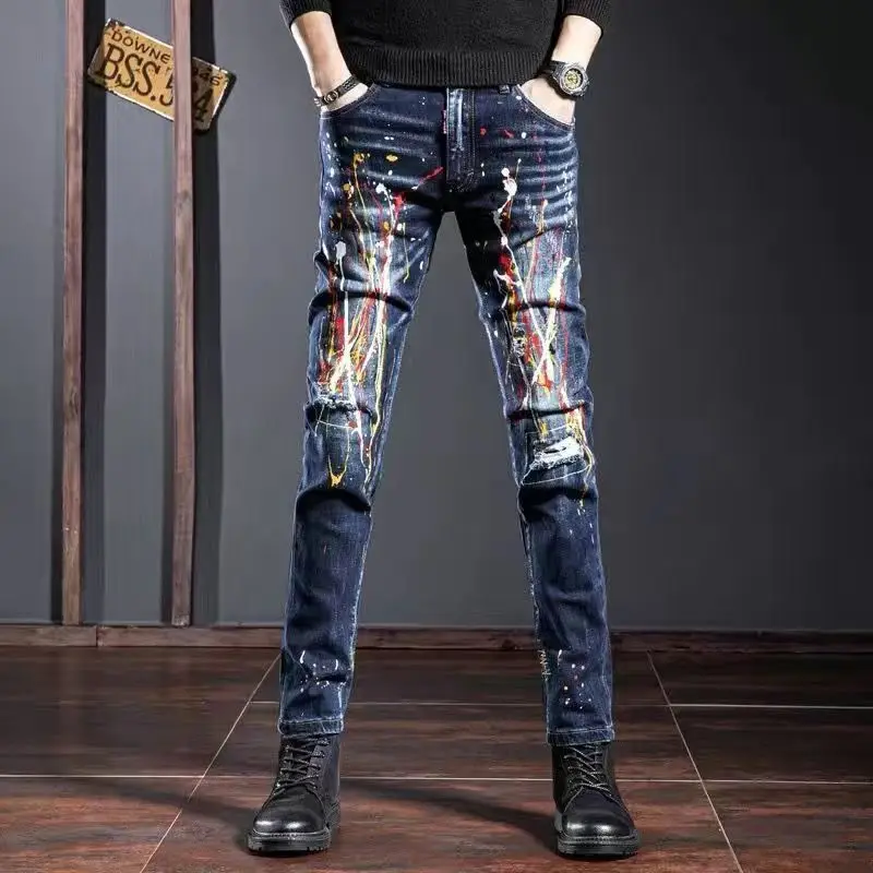 Men\'s Clothing Autumn and Winter high quality Trendy Ripped Jeans Embroidered Slim-Fit Stretch Leggings