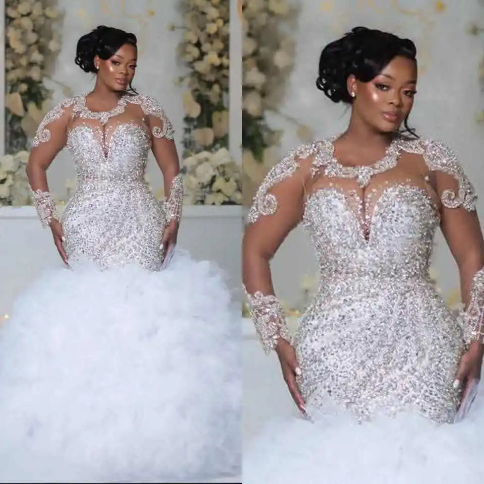 

Гламурное свадебное платье с белым жемчугом и прозрачным вырезом, свадебные платья с длинными рукавами, арабские платья невесты с блестками по индивидуальному заказу