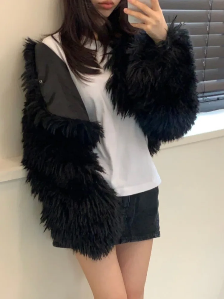 Ele ort Pure Color Fur Jaet Damski Luźny Rozpinany Kardigan Zimowy Płaszcz Koreańska Moda Miękki Materiał