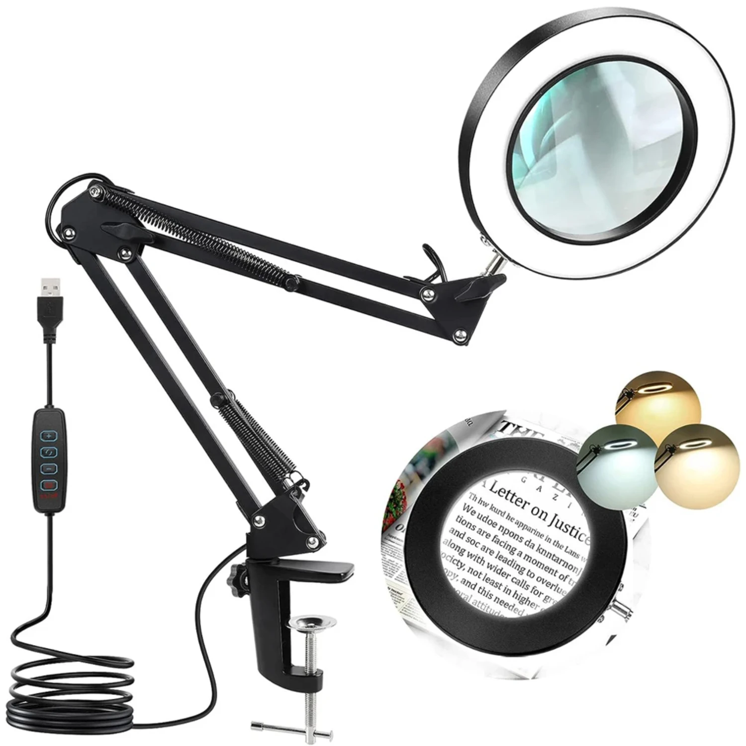 8x Magnifier Glass Swing Arm Flexible Clamp-on Table Lamp  Dimmable Illuminated Magnifier LEDs Desk Light 3 Color Modes Lamp