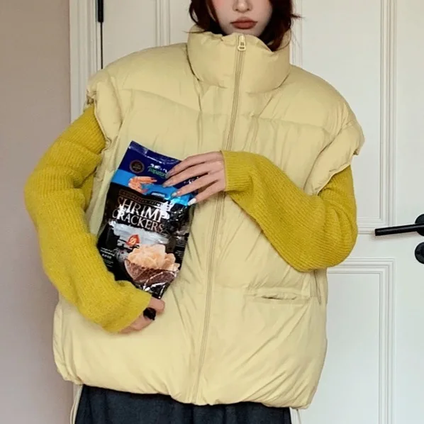 Stand Up Collar Cotton Vest Women's Short Candy Color Women's Sleeveless Vest Korean Version Waistcoat Looose Coat Jacket Women