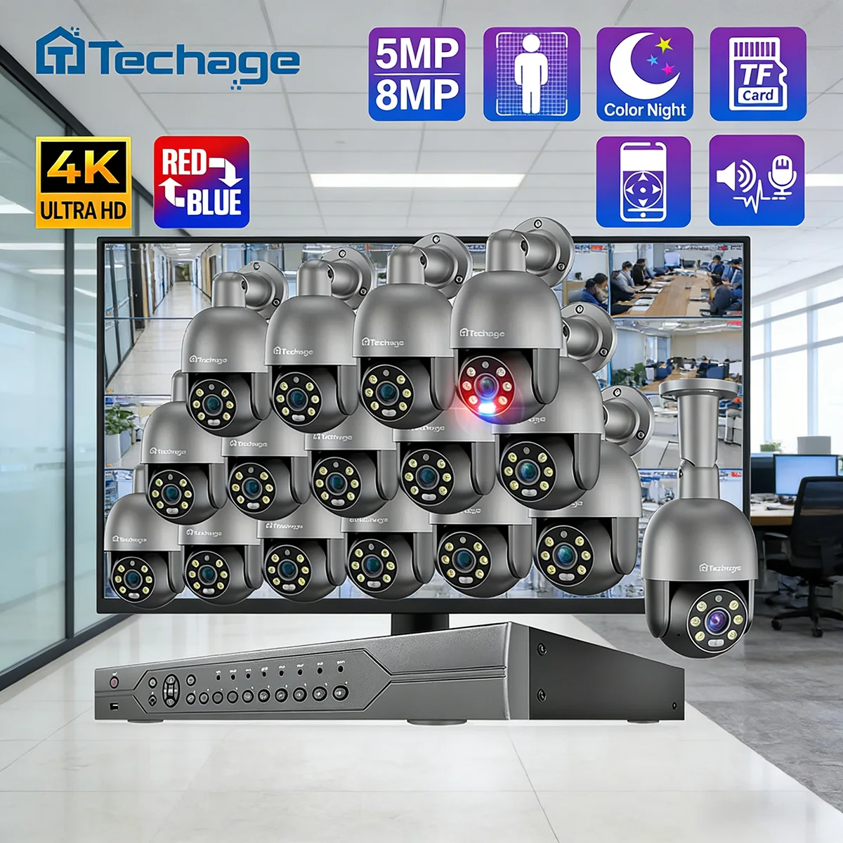 16CH 8MP PTZ AI POE Camera System UHD 4K 5MP Outdoor H.265 AI Human Detect Two-way Conversation CCTV Video NVR Support ONVIF