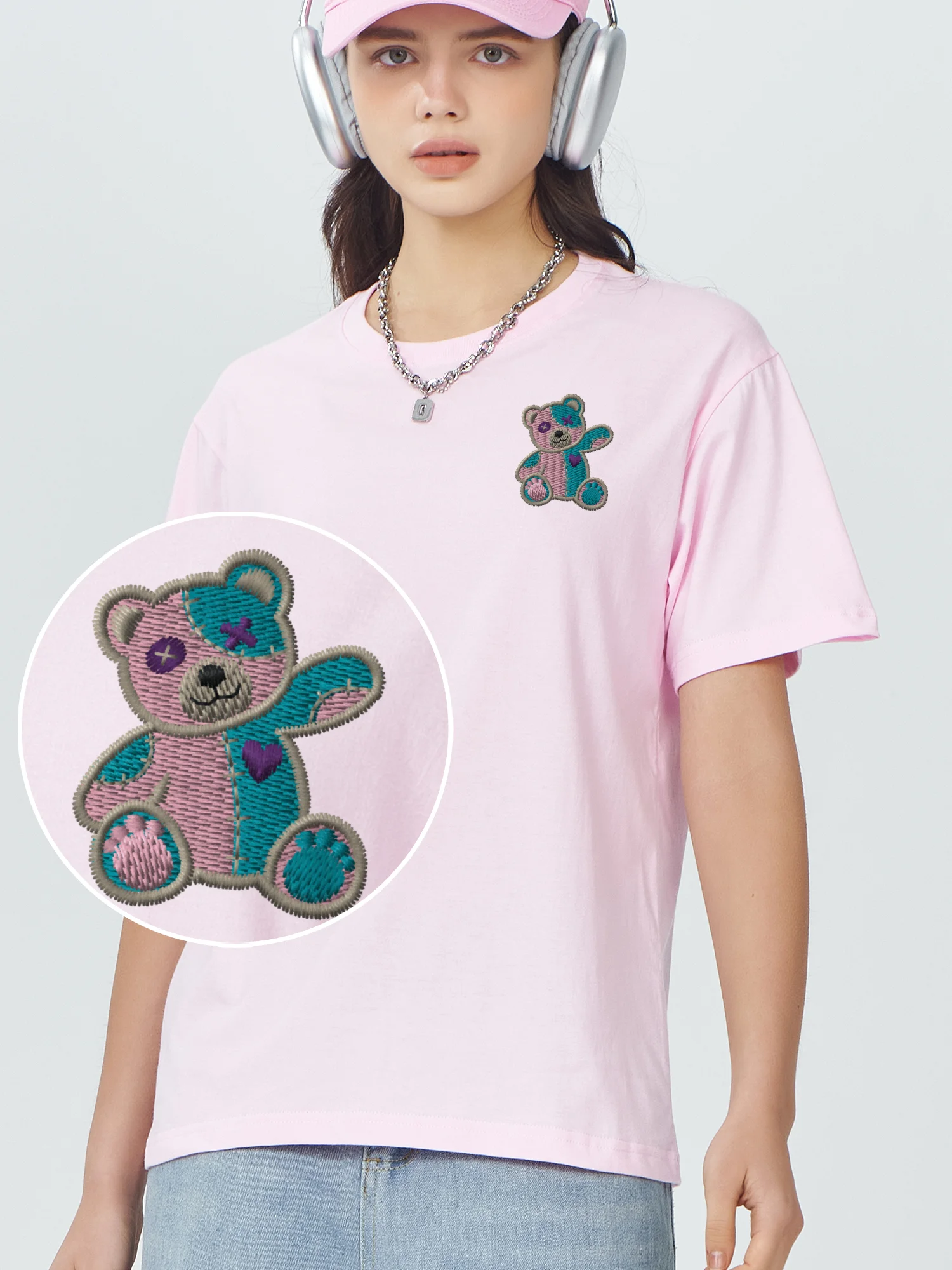 

Футболка с вышивкой Kawaii Bear, футболки из 100% хлопка с вышивкой, футболки с рисунком медведя, весенняя мужская одежда, Новый год