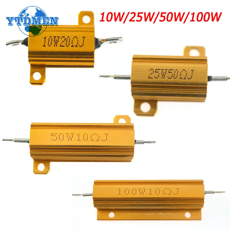 1PCS RX24 10W-100W Gold Aluminum Power Resistor Metal Shell Case Wirewound Resistance 0.1~1K Ohm Load Resistors 100W 50W 25W 10W