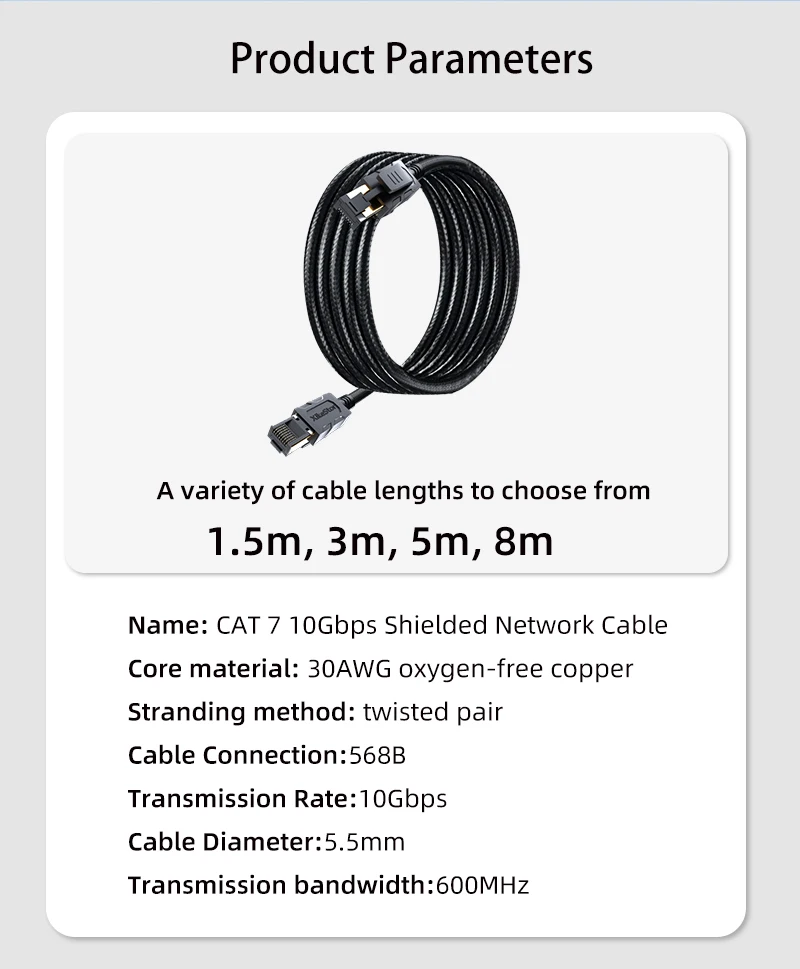 XikeStor 10G CAT 7 Ethernet Cable 10Gbps High Speed 30AWG Shielded Ethernet RJ45 Network Cable 1.5m, 3m, 5m, 8m