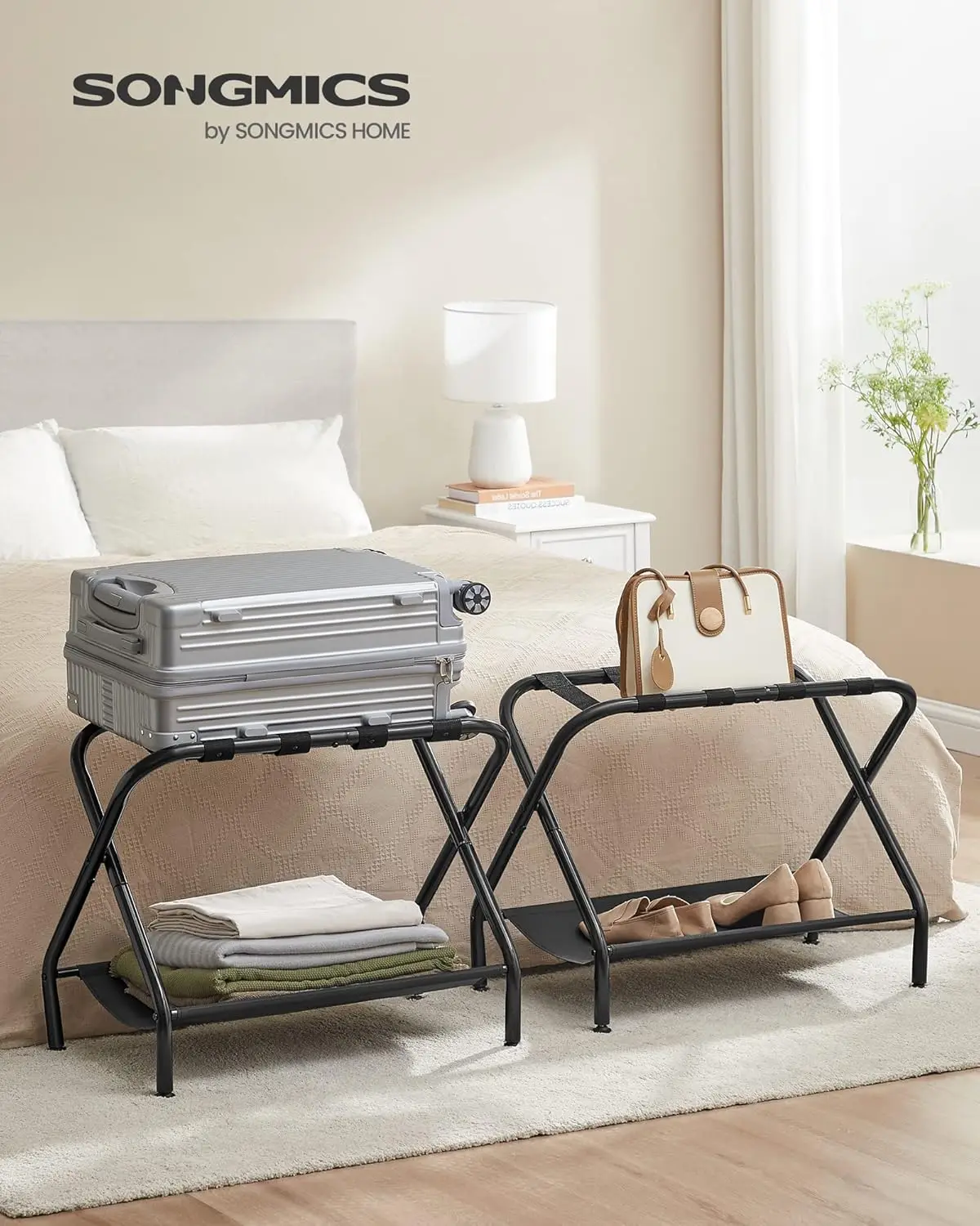 Luggage Racks, Set of 2, Suitcase Stand with Fabric Storage Shelf Steel Frame, Holds up to 110 lb, 27.2 x 15 x 20.5 Inches