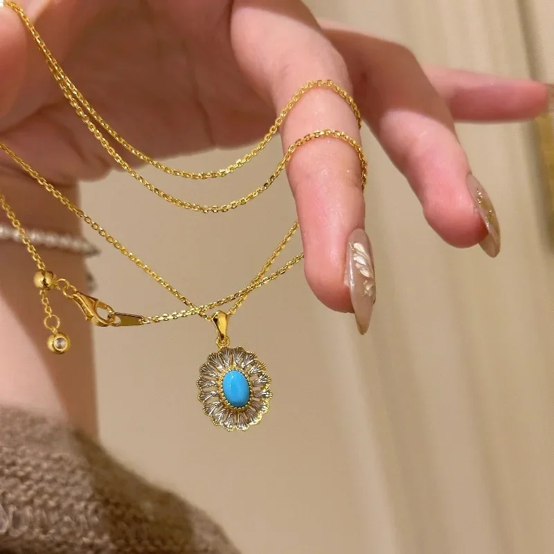 أقراط الفيروز الكلاسيكية للنساء قلادة قصر نمط أنيق الرجعية الخفيفة الفاخرة القطع الناقص الزهور مجموعات المجوهرات #2