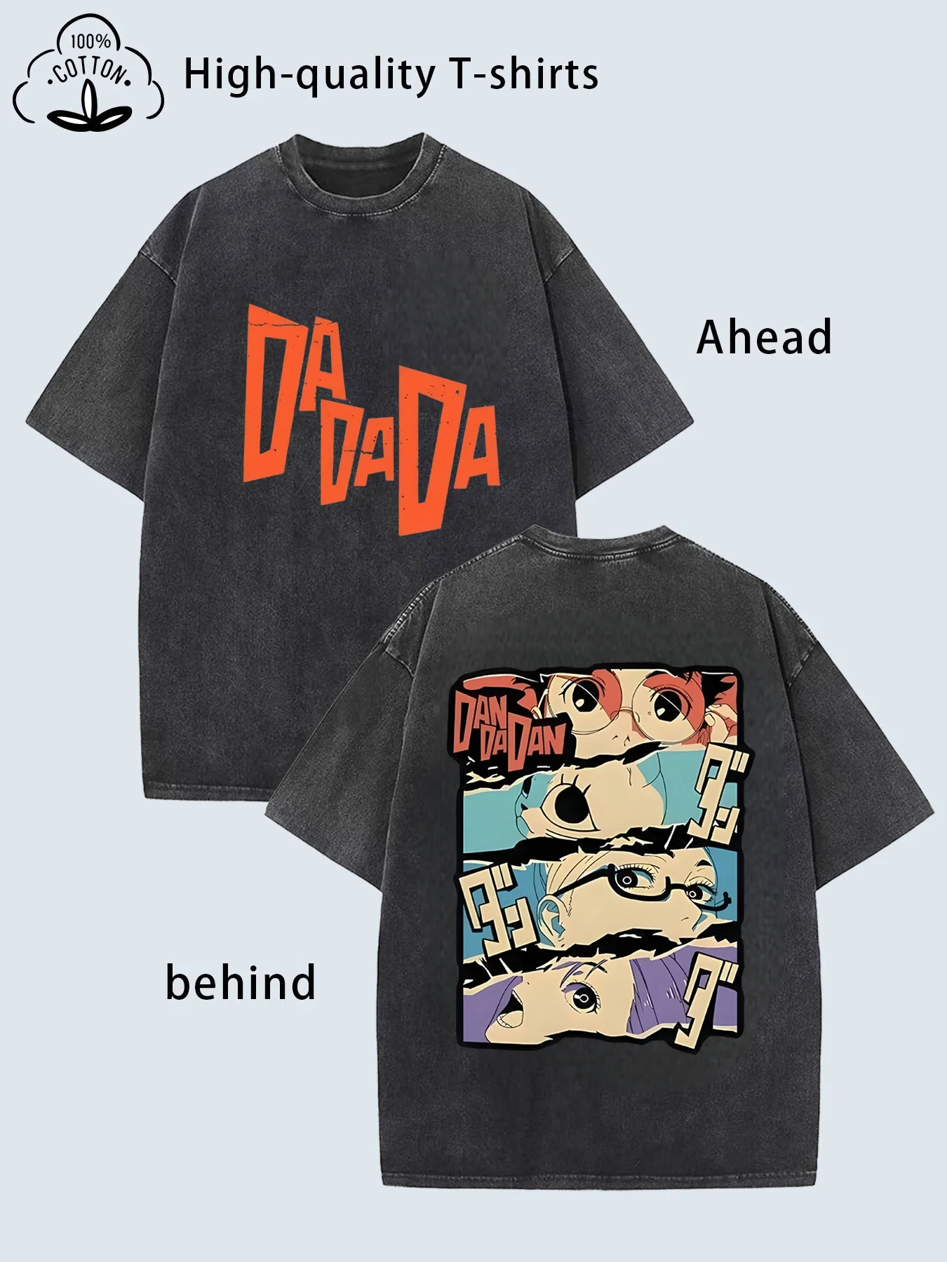 

Japanese cartoon popular letter pattern washed cotton men's T-shirt, retro fashionable soft and comfortable casual top