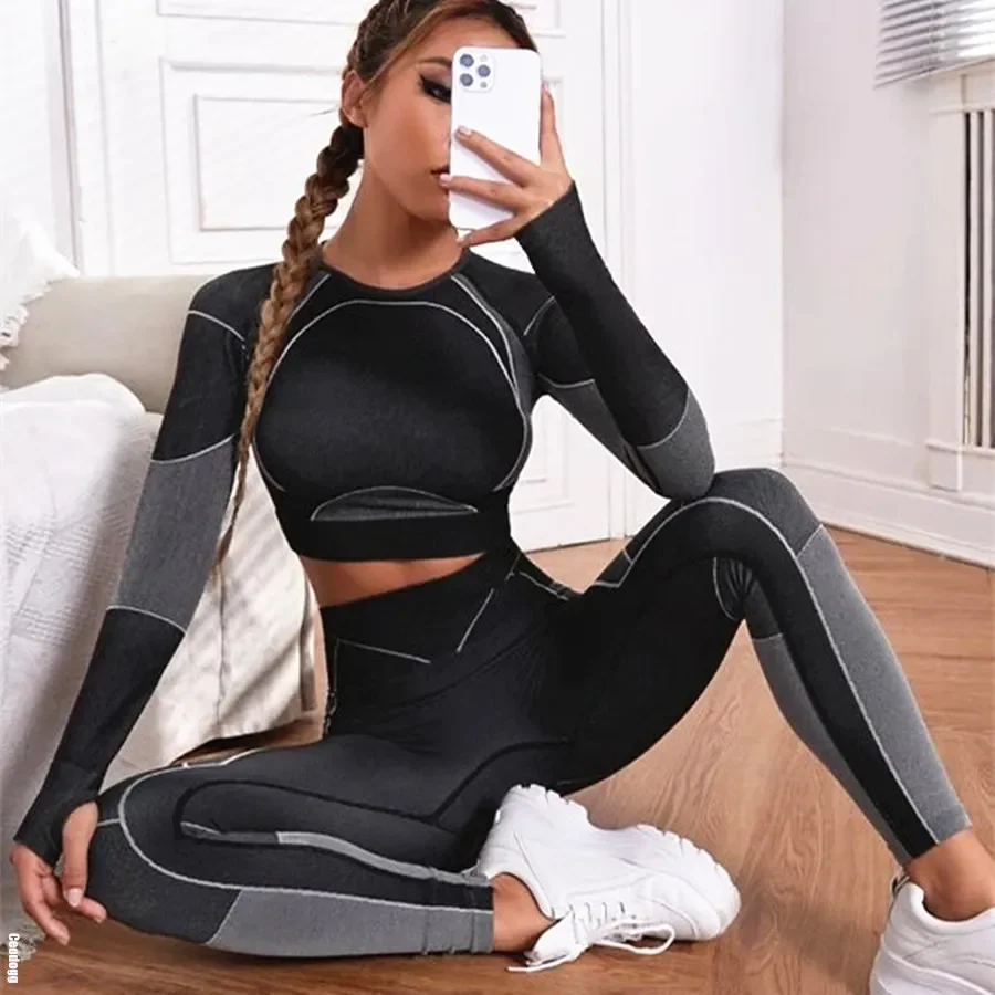 QK Yoga Suit Sets Women Long Sleeve T-shirt Seamless Leggings Gym Fitness Clothes Push ups Training Pants Running Tracksuits