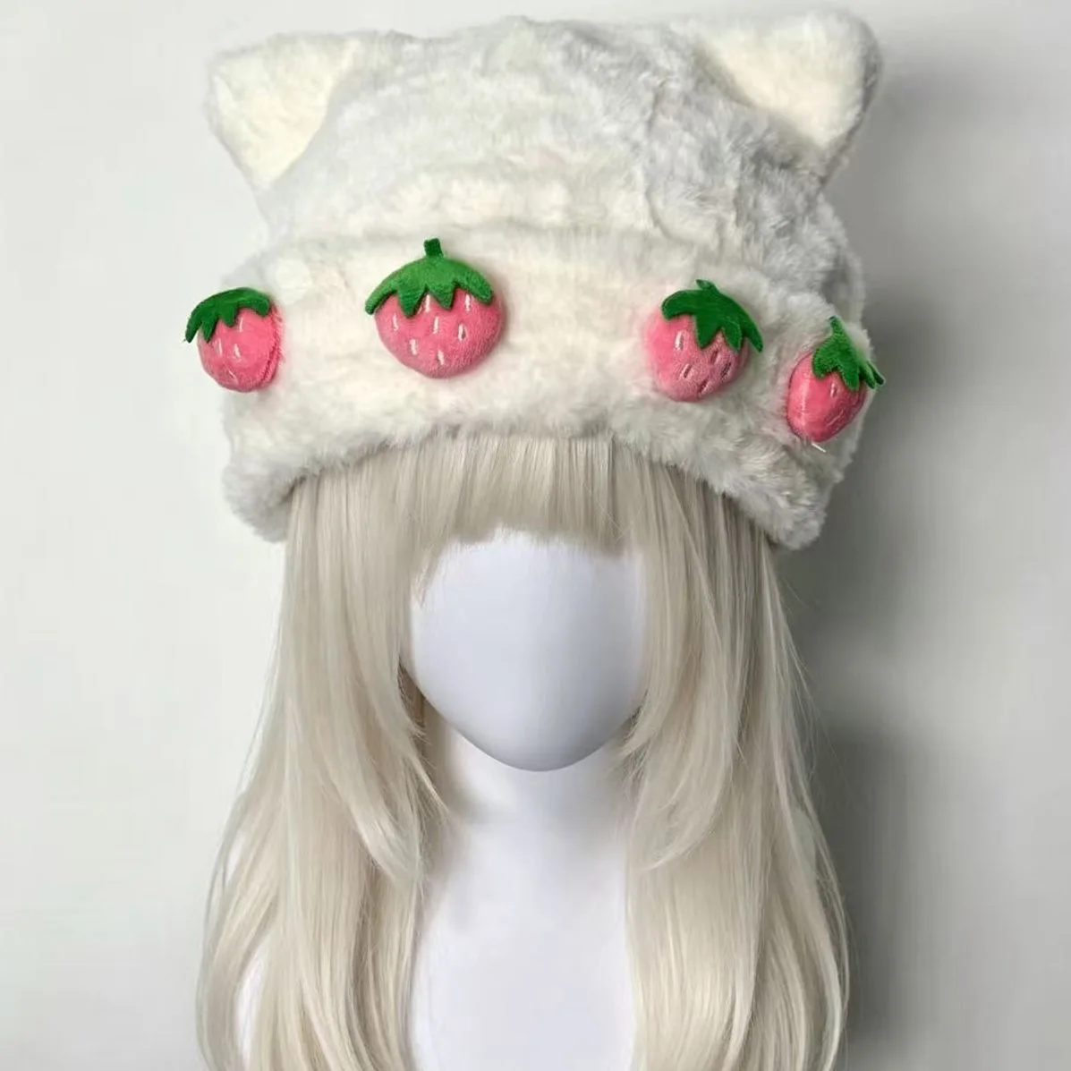 Kawaii Strawberry Winter Plush Cat Ear Cap Harajuku Autumn Winter Warm Hats Anti-freeze Ear Caps Outdoor for Women Gifts