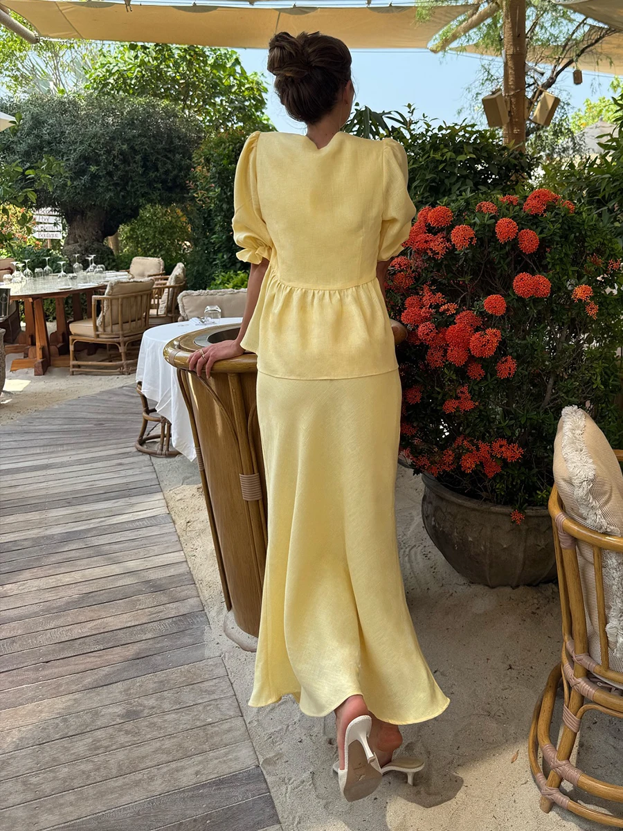 Blubelle 2025 Summer Women's 100% Cotton V-Neck Lace-Up Bubble Sleeve Shirt  Long Skirt Set Loose Casual Two-Piece Suit - Image 5