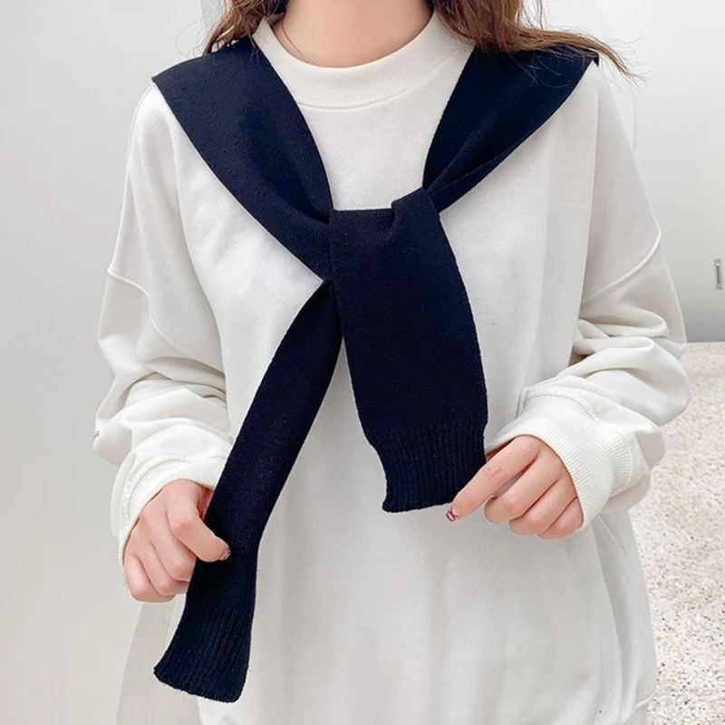 Solid Color Neck Guard Scarve Woman\'s Knitted Warm Shawl Winter Wool Blouse Shoulders Fake Collar Cape Knotted Scarf