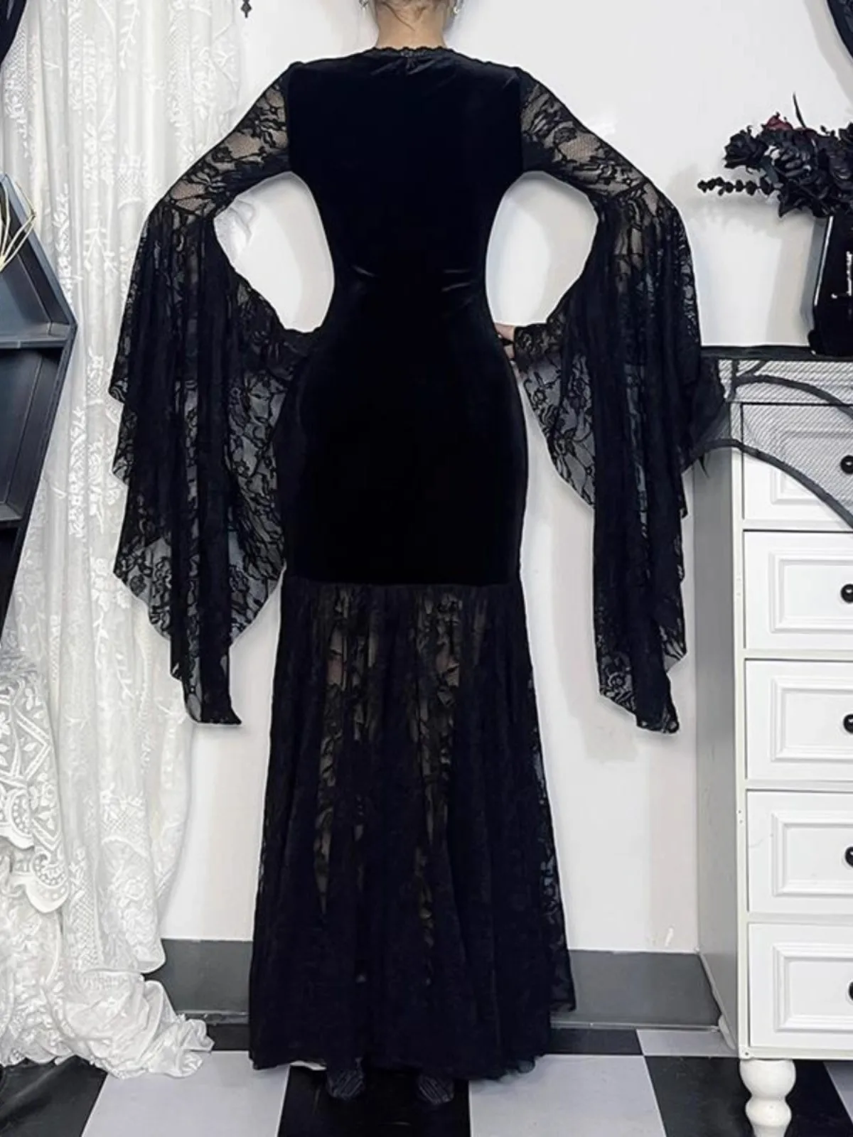 loween k Witch Sle Lace Dr Donna 2025 Nuovo abito a vita alta Bla Ele Gonna lunga Bell Sve V Ne Abbigliamento quotidiano