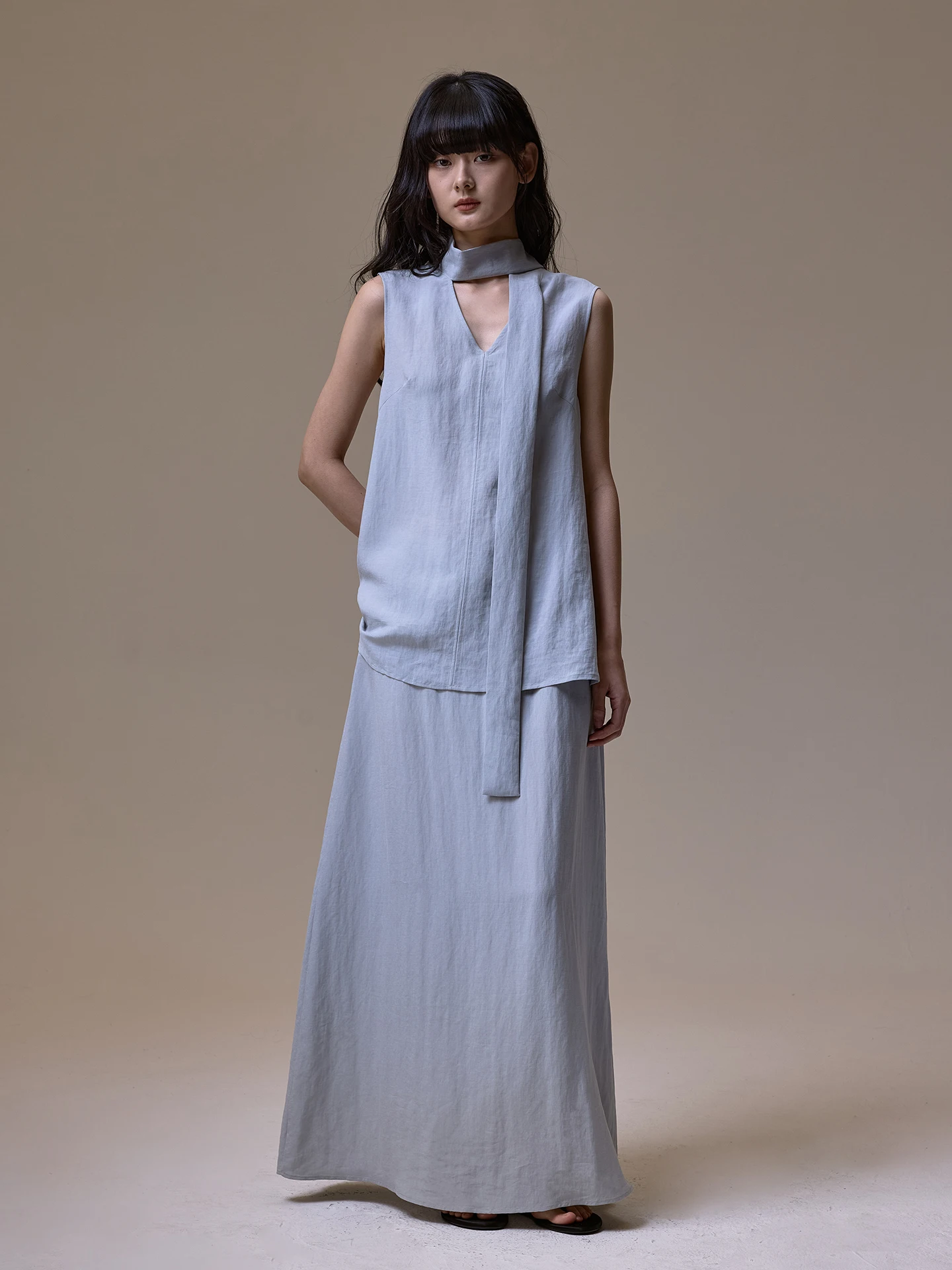 

INOUT HRQ2026 Simple Color Sleeveless V-Neck Sash Loose Feel Top Half Skirt Set Women's Fashion Summer Outfit