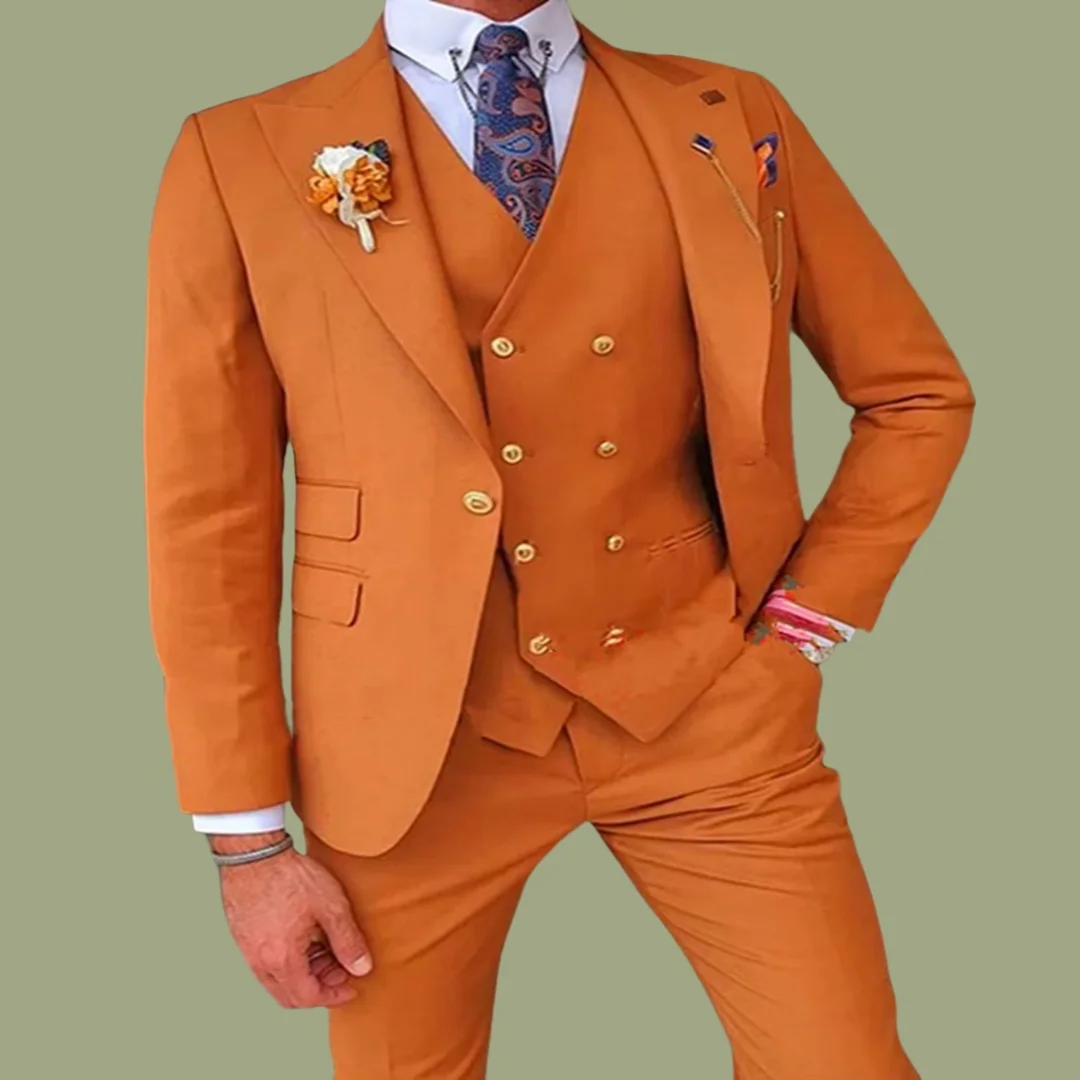 

Orange Groom Tuxedos One Button Man Blazer Groomsmen Peak Lapel Men Suits Costume Homme Wedding Prom Best Man Jacket Pants Vest