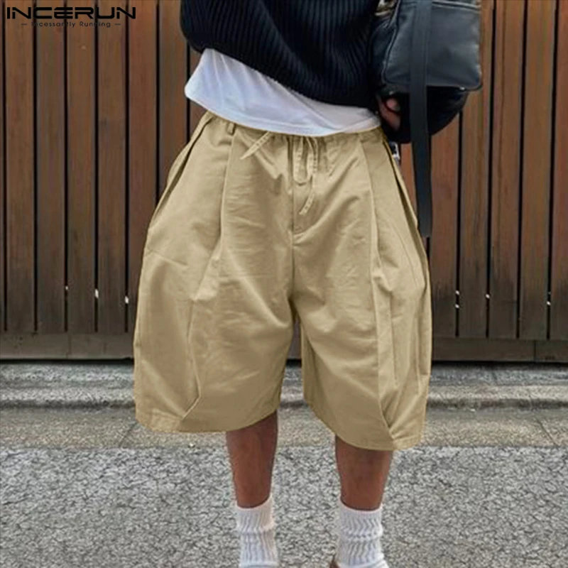 

INCERUN мужские шорты однотонные свободные летние широкие шорты на шнурке мужская уличная одежда оверсайз 2025 модные мужские плавки S-5XL