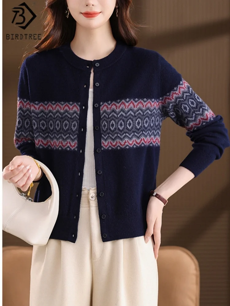Birdtree, vest van 100% schapenwol, dames gebreide jacquard trui met O-hals, enkele rij knopen, herfstwinterjas van 2025, grijs, roodT5N402JF