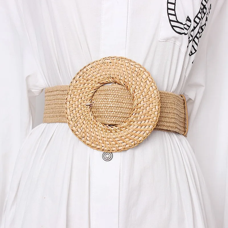 Designer Woven Girls Elastic PP Straw Rope Belt Women Casual Wooden Buckle Dress Belt Women Braided Wide Shoulder Straps Women