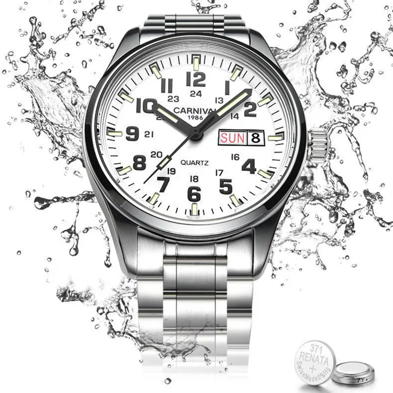 Carnaval marca moda relógio de pulso quartzo para homens luxo aço inoxidável luminoso militar relógios à prova dwaterproof água reloj hombre