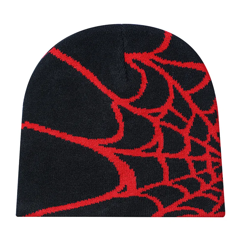 Black Knit Beanie With Red Spider Web Jacquard Y2K Streetwear Slim Fit Skull Cap Unisex One Size