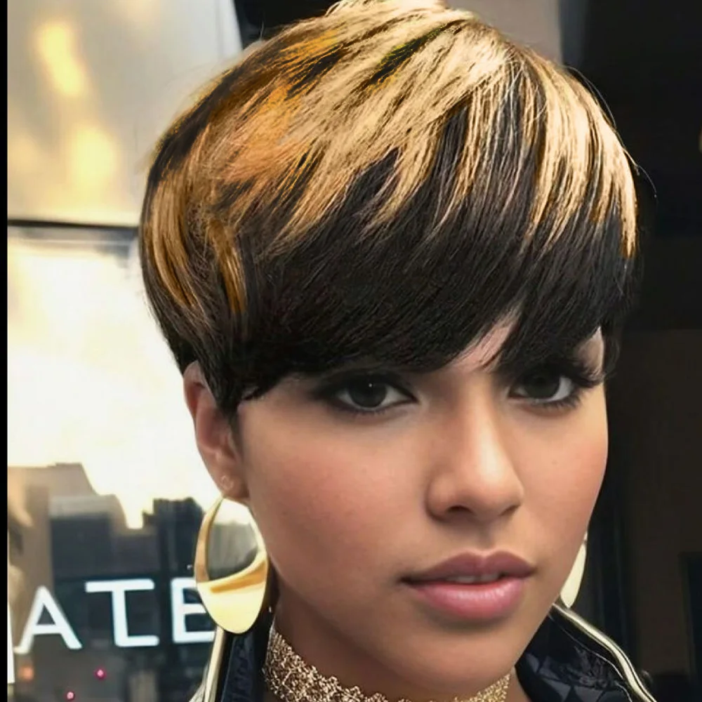 باروكة شعر قصيرة بقص عابث للنساء ذوات البشرة السمراء، لون أسود وأشقر، طبقات كاملة مصنوعة آليًا، شعر مستعار قصير مع غرة