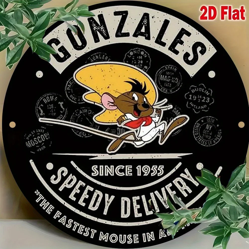 لافتة معدنية من الألومنيوم مسطحة ثنائية الأبعاد مقاس 20.32 × 20.32 سم - ماوس كرتوني قديم في سمبريرو ووشاح أحمر مع "GONZALES SPEEDY DELIVERY" و"SIN