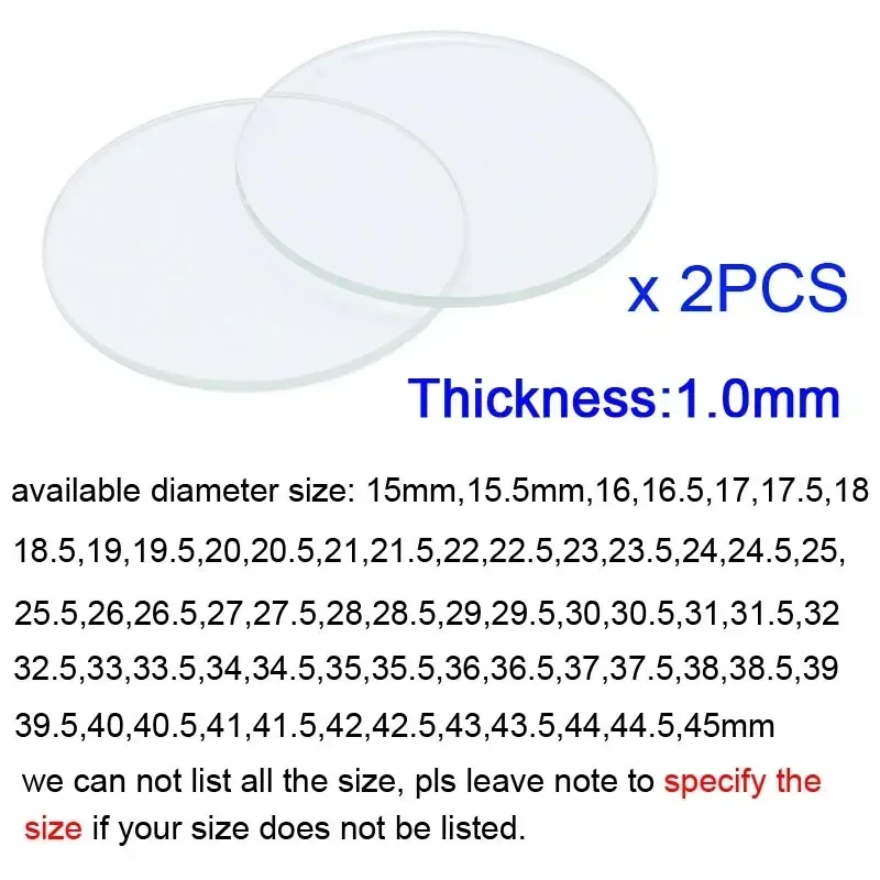 2PCS Thickness 1mm Round Watch Crystal 15mm to 45mm Watch Glass Replacement Glasses Lens Flat Mirror Watch Repair Tool Part