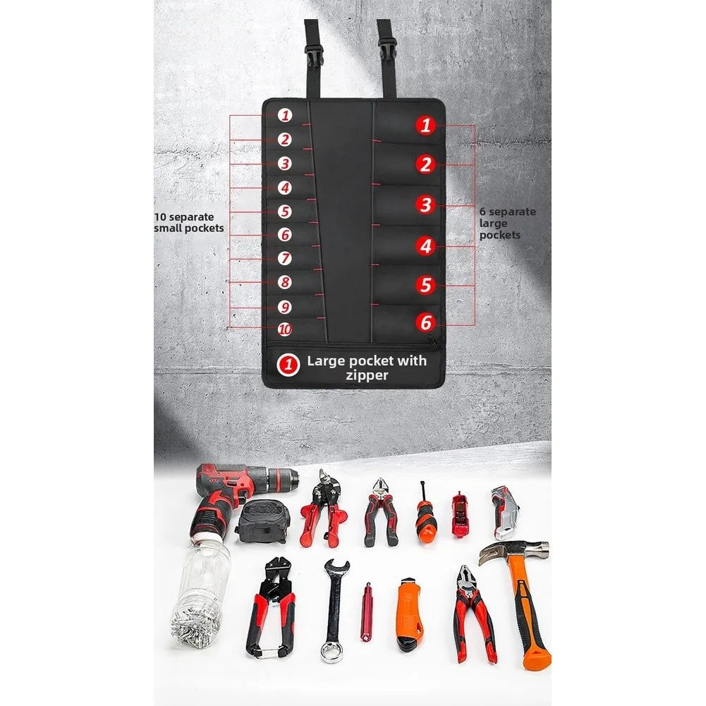 Compact Roll Up Tool Bag 16 Pockets for For electricians Builders Gardeners Waterproof 1680D Oxford Cloth Size 57x34.7cm