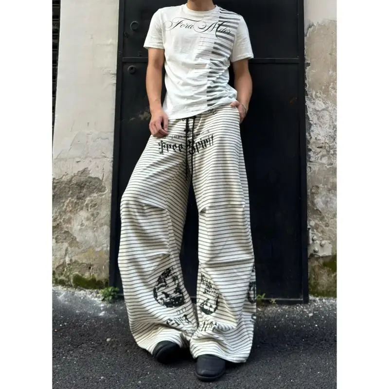Men's Printed Pattern Horizontal Stripes Pants Fashion Unisex Streetwear Boy Straight Sweatpants Male Wide Legs Y2k Trousers
