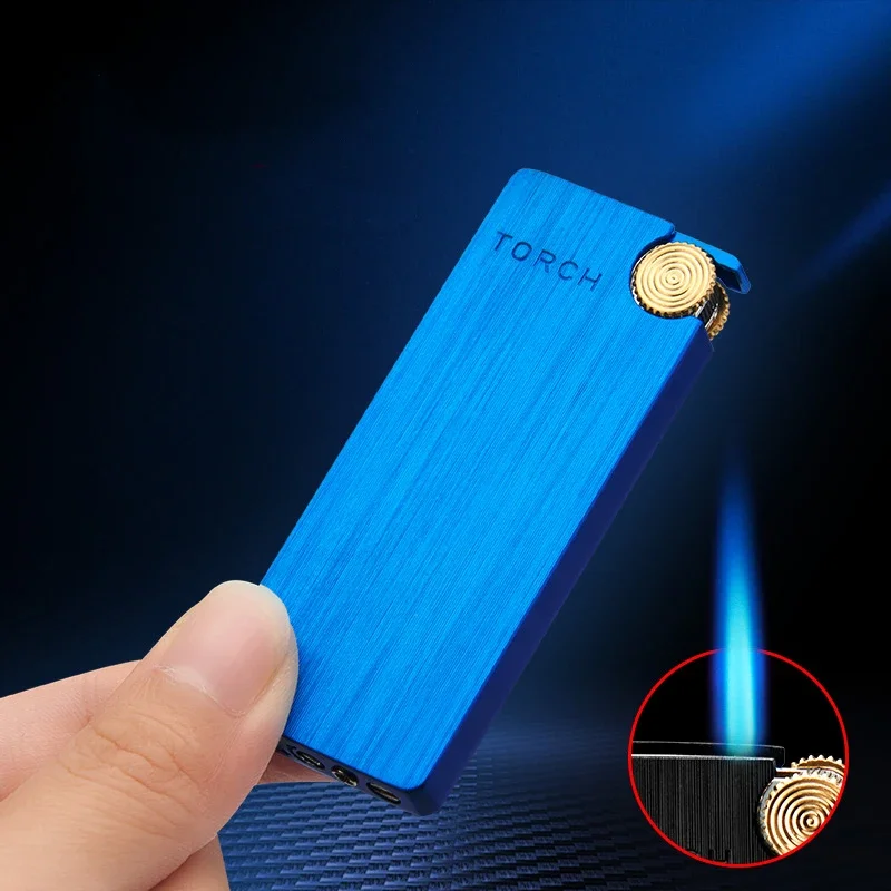 2024 New Ultra-thin Metal Butane Gas Lighter Turbo Jet Straight Flame Flashlight Lighter Cigar Cigarette Gadget Mens Gift