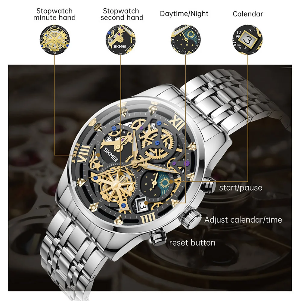 

SKMEI Роскошные кварцевые часы лучшего бренда, мужские полностью стальные деловые 3-барные водонепроницаемые наручные часы с календарем, reloj hombre