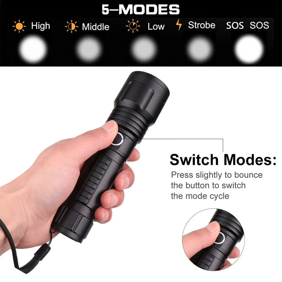 Telescopic Zoom P50 LED Flashlight 5 Modes Waterproof Handheld Tactical Torch for Camping Emergency