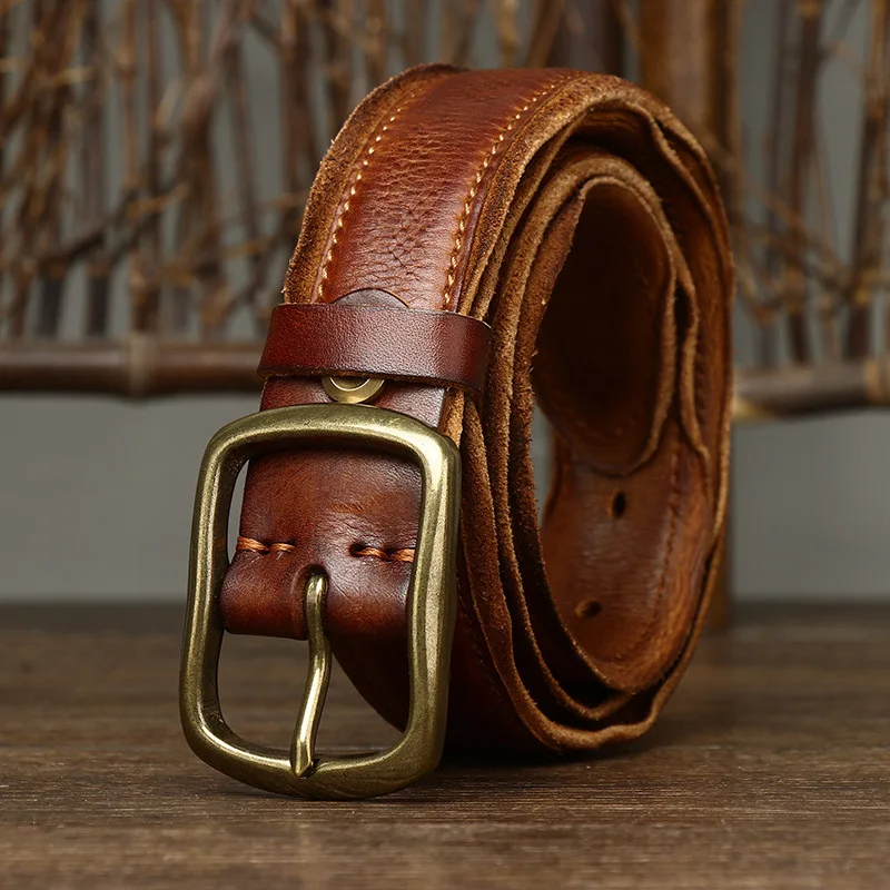 

3.3cm wide retro trendy and personalized snake pattern feather edge belt, men's leather needle buckle layer, cowhide jeans belt