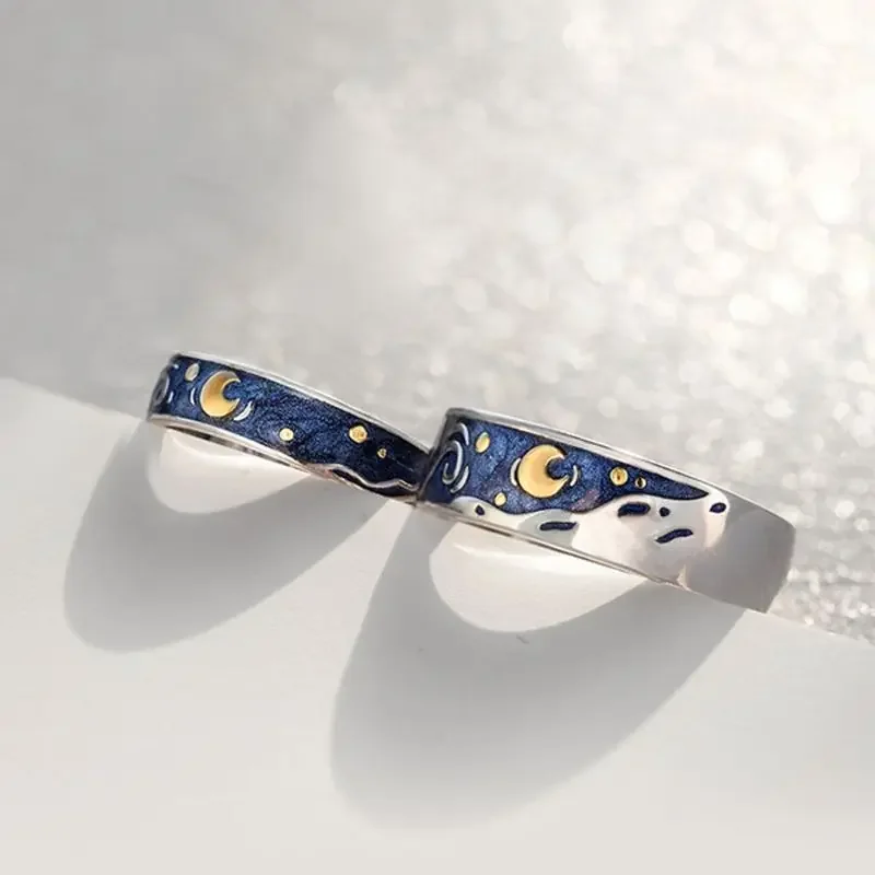 1/2pcs Romantic Van Gogh Starry Sky Rings Lover Couple Personality Openning Finger Ring Men Women Night Star Moon Jewelry Gifts