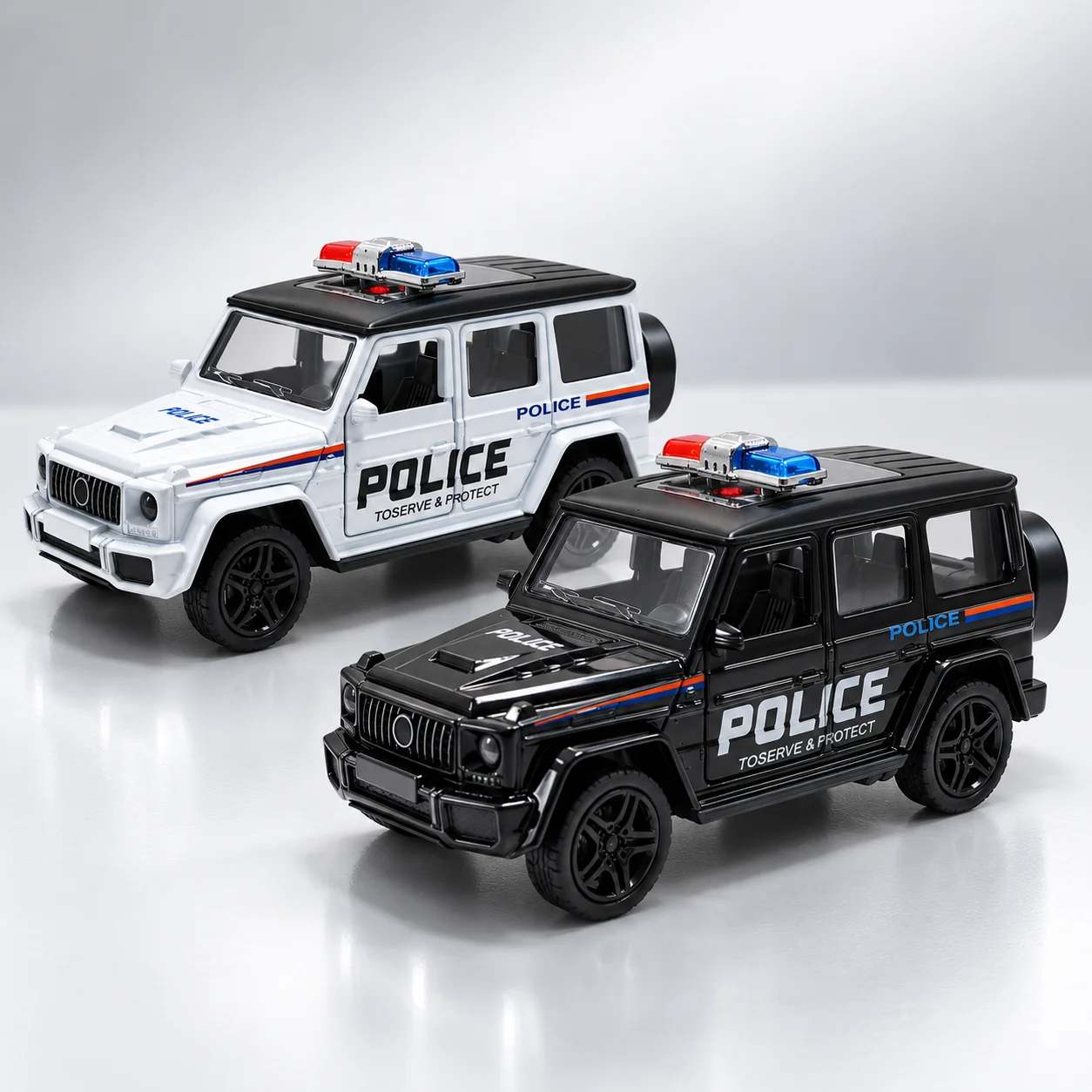 (Corrugated box) 1/36 scale, Roof-light Boxy Police SUV style toy car, powerful spring, metal casting, boy's toy, the best gift.